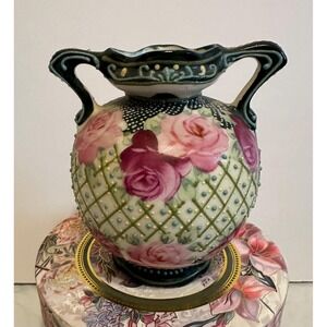 Antique Nippon Moriage Beaded 4" Vase Roses